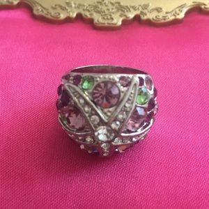 Silver Starfish Ring pink & green crystals size 8